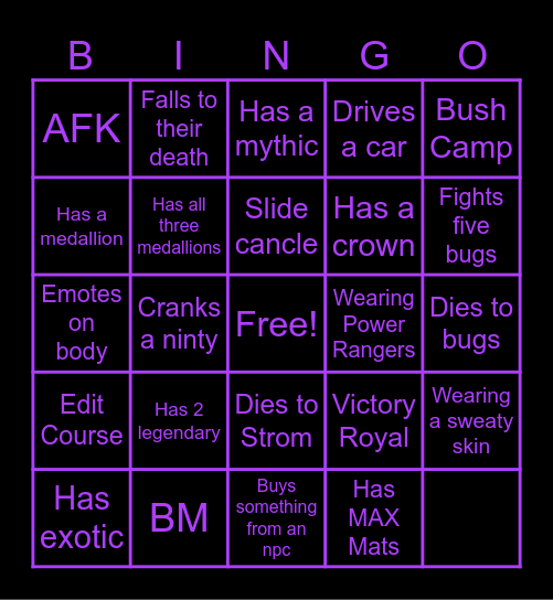 Fortnite bingo Card