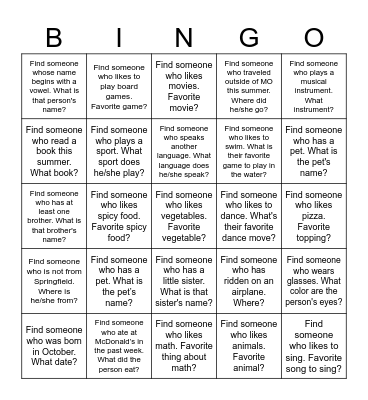 Getting to Know You Bingo! Bingo Card