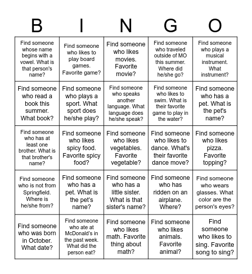 Getting to Know You Bingo! Bingo Card