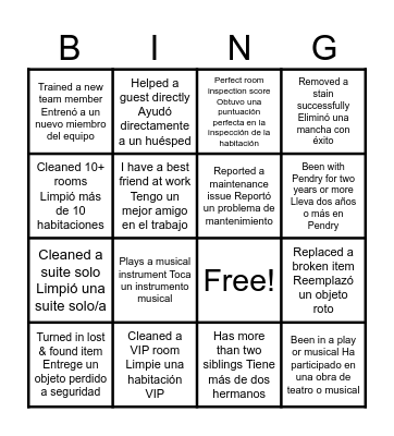 Housekeeping Bingo Card