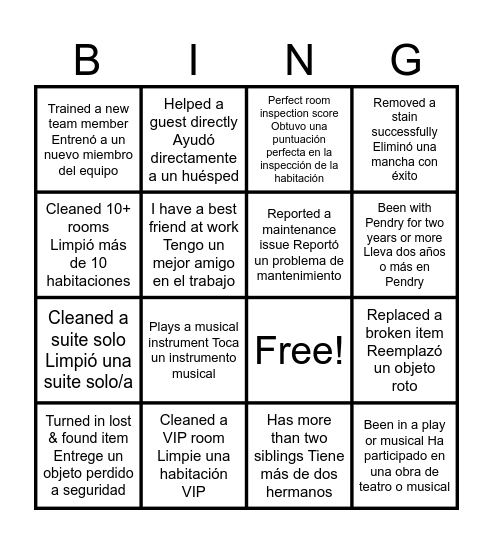Housekeeping Bingo Card