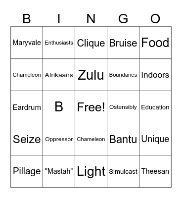 Born A Crime Bingo - Chapters 4-5 Bingo Card