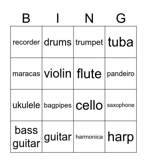 Musical Instruments Bingo Card
