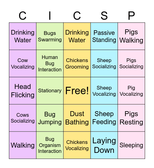 Farm Animal Behavior Bingo Card