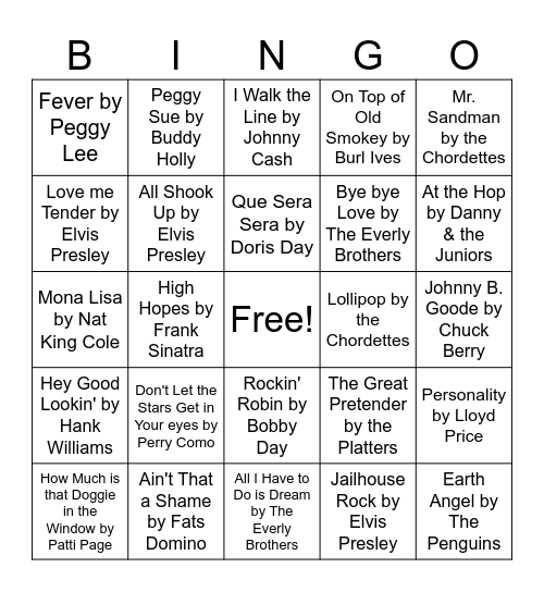 Music Bingo Rnd.1 50s Bingo Card
