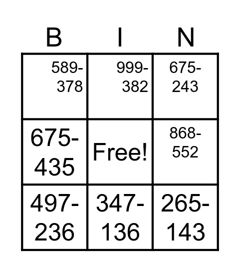 3 Digit Subtraction BIngo Card