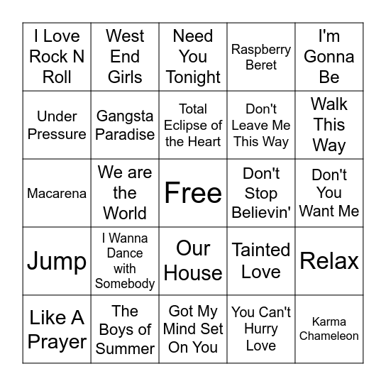 80s and 90s Bingo Card