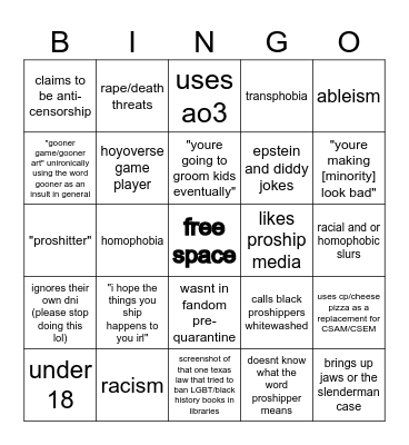 anti-shipper bingo Card