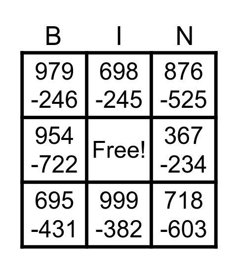 3 Digit Subtraction Bingo Card