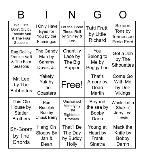 Music Bingo Rnd. 2 50s Bingo Card