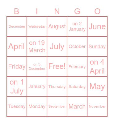 Months & Days of the Week Bingo Card