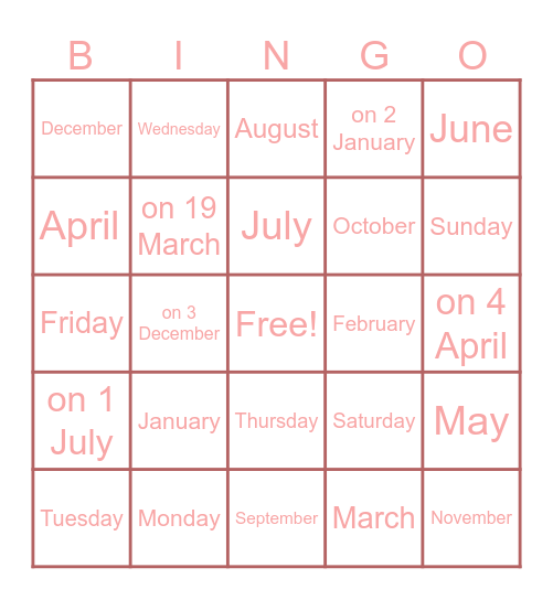 Months & Days of the Week Bingo Card