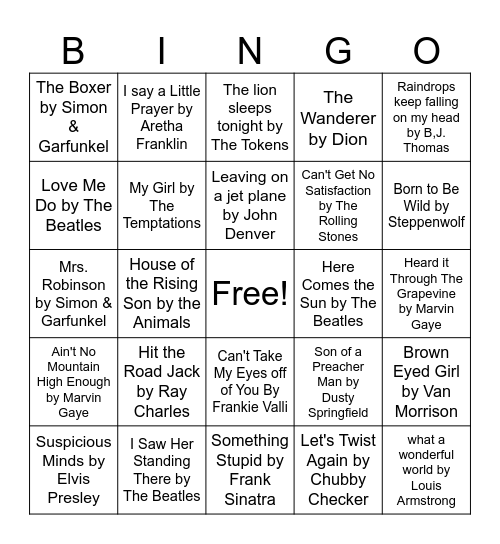 Music Bingo Round 3 60s Bingo Card