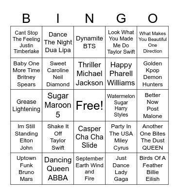 Pop Songs Bingo Card