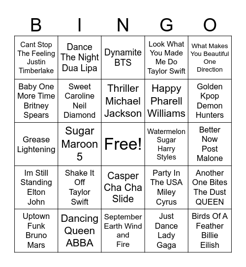 Pop Songs Bingo Card