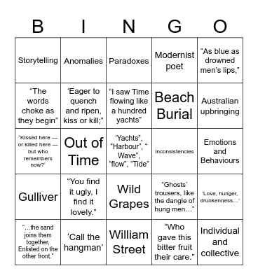 Kenneth Slessor BINGO Card