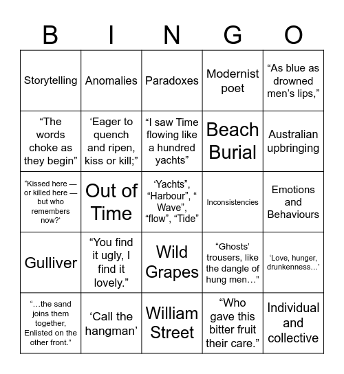 Kenneth Slessor BINGO Card