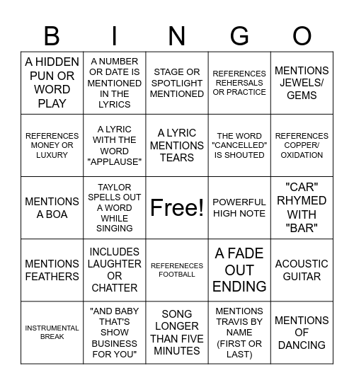 The Life of a Showgirl BINGO Card