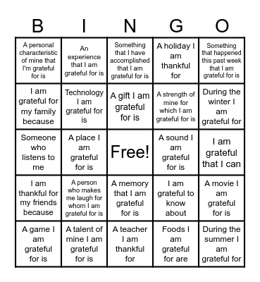 Gratitude BINGO Card