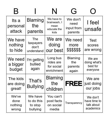SCHOOL BOARD BINGO Card