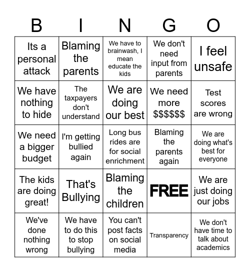 SCHOOL BOARD BINGO Card