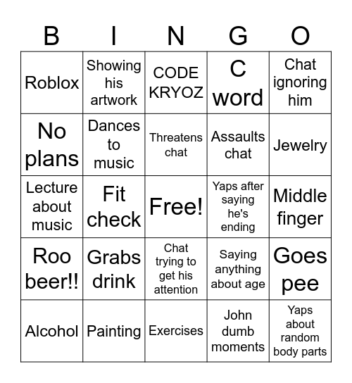 John's Livestream Bingo Card