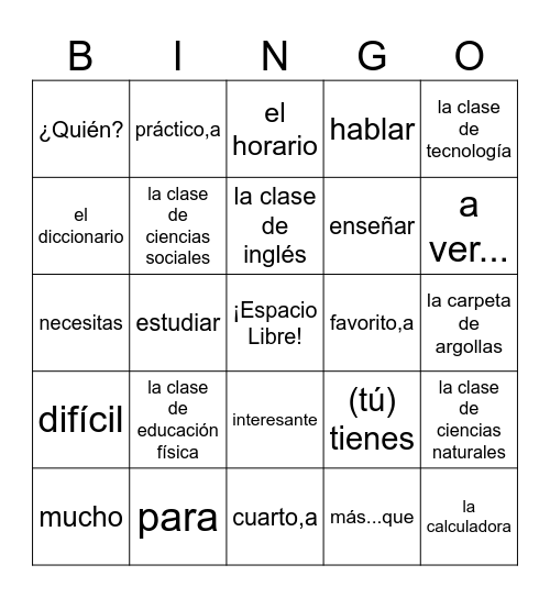 Realidades 1 2A Vocabulary Bingo Card