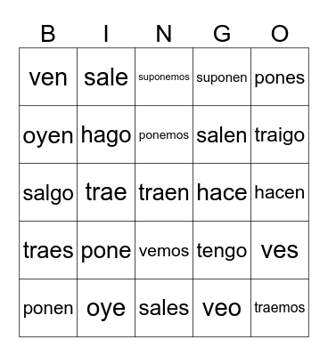 Irregular "yo" verbs Bingo Card