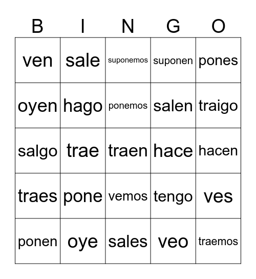 Irregular "yo" verbs Bingo Card