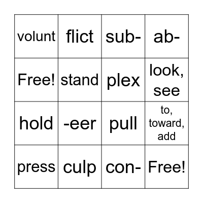 Morpheme Bingo, Week 1-2 Bingo Card