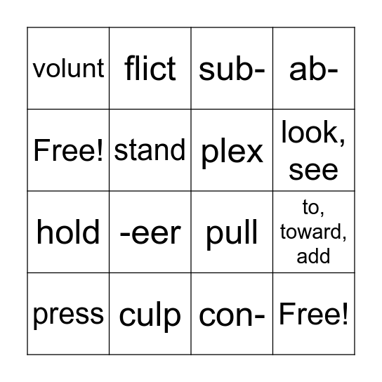 Morpheme Bingo, Week 1-2 Bingo Card