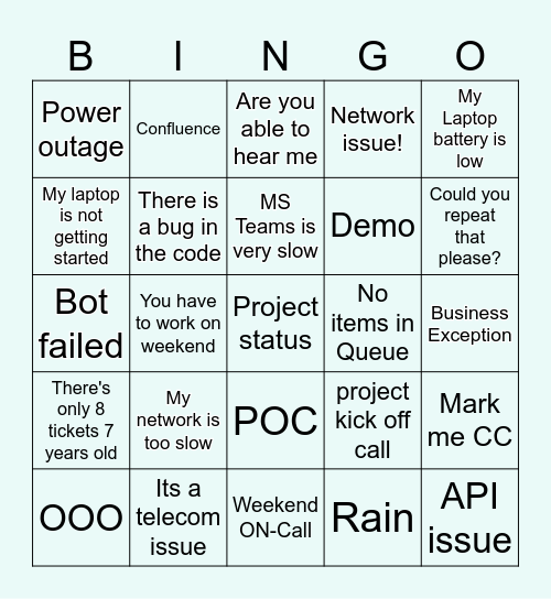 Half Hour Hangout Bingo Card