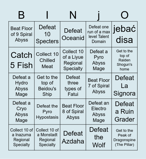 Genshin Lockout Bingo Card