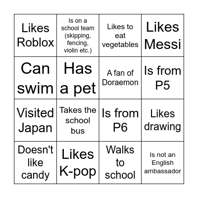 Get to Know Each Other! Bingo Card