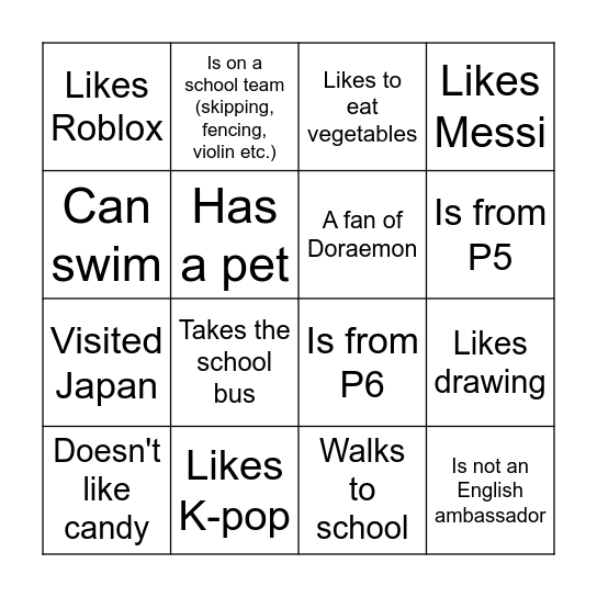 Get to Know Each Other! Bingo Card