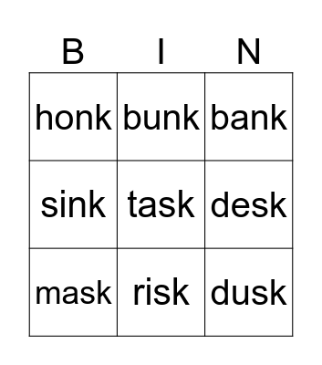 phonics Bingo Card
