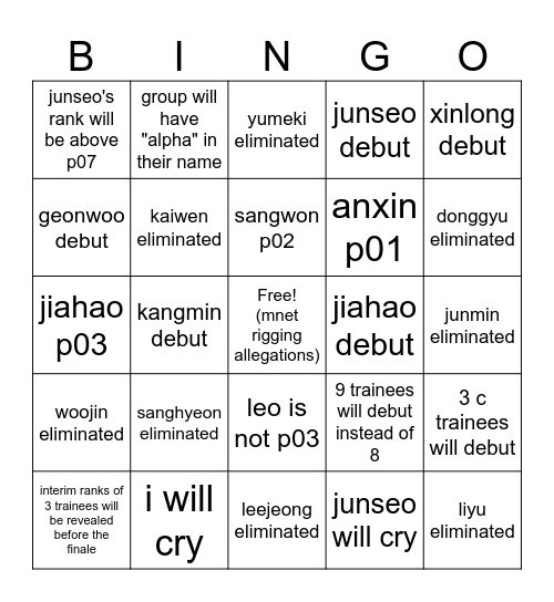 B2P FINALE PREDICTIONS Bingo Card