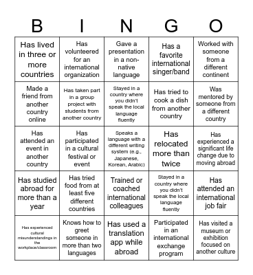 Global Career Bingo Card