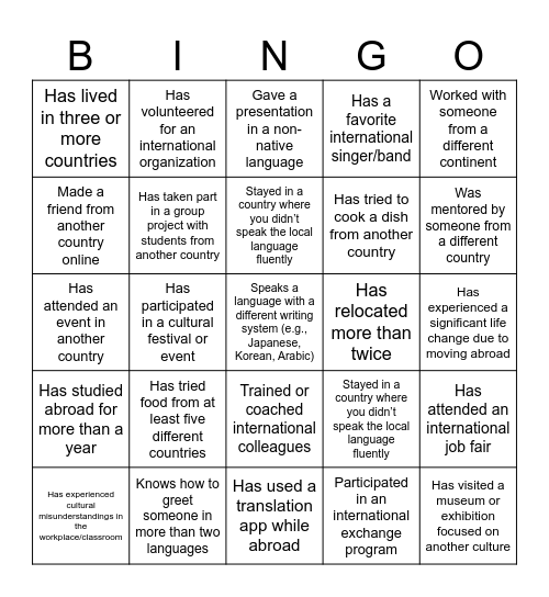 Global Career Bingo Card