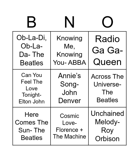 Nans 80th Music Bingo Card