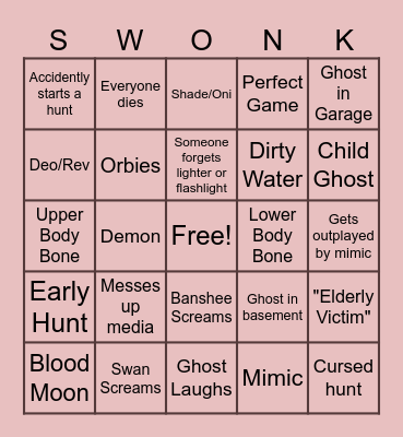 Phasmophobia Bingo Card