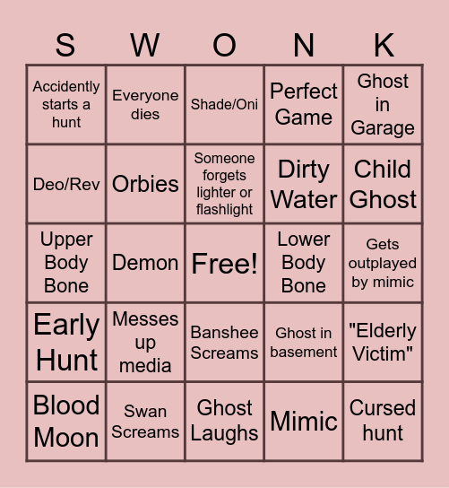 Phasmophobia Bingo Card