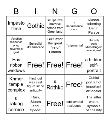 Art History A Level Bingo Card