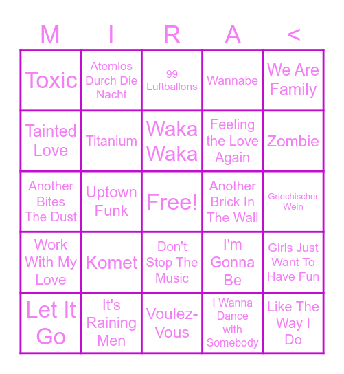 Mira's Musik Bingo Card
