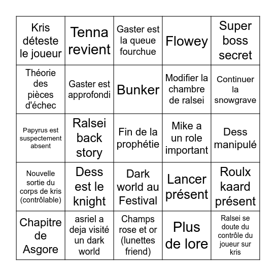 Deltarune chapitre 5 Bingo Card