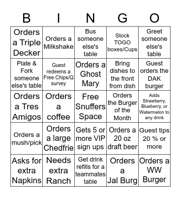 Snuffers Bingo Card