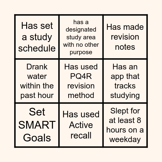 Exam Tips Bingo Card
