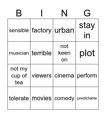 Word list Bingo Card
