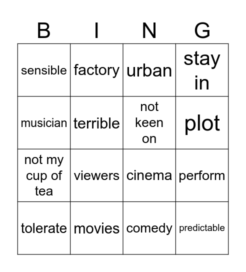 Word list Bingo Card