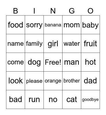 English Vocabulary Words! Bingo Card